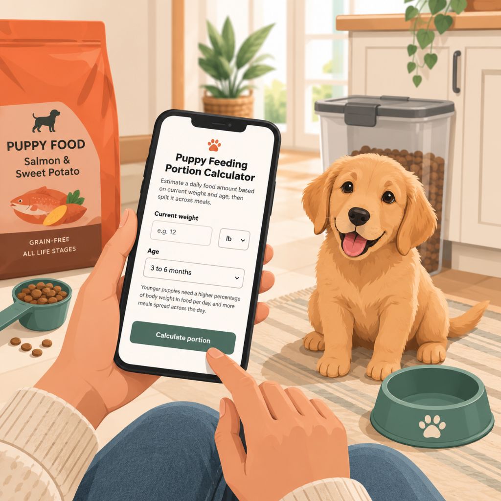 Using a puppy portion calculator on a phone before measuring out puppy food