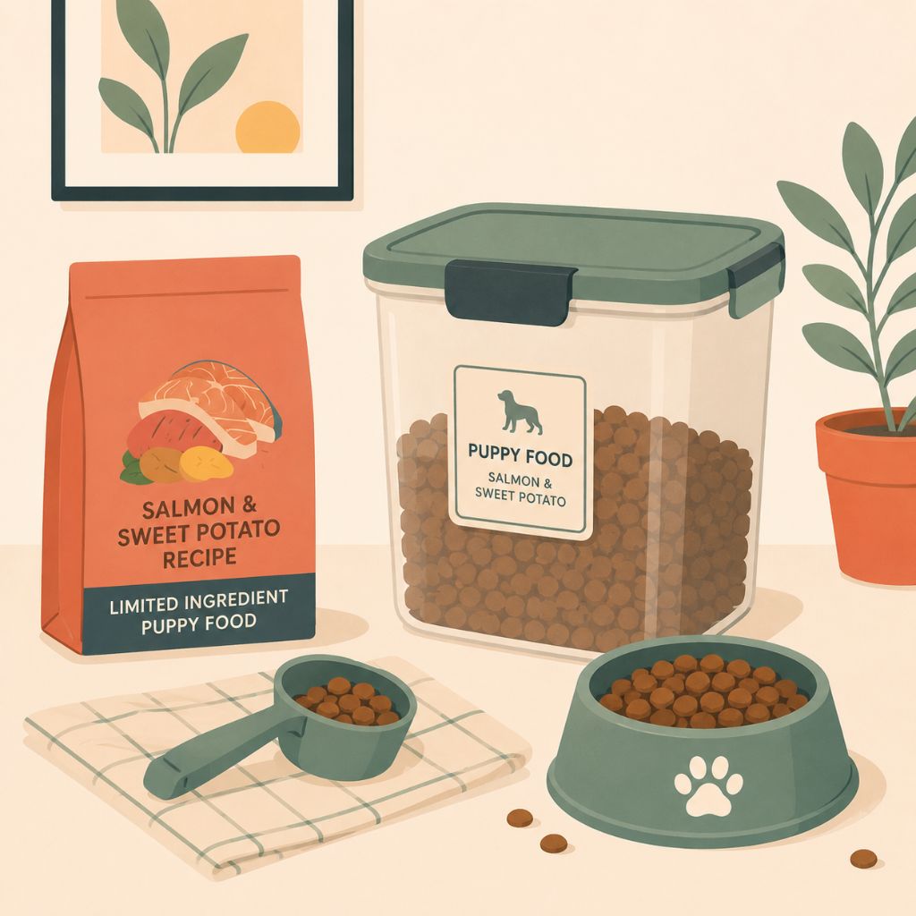 Airtight puppy food storage container next to a portion measuring scoop