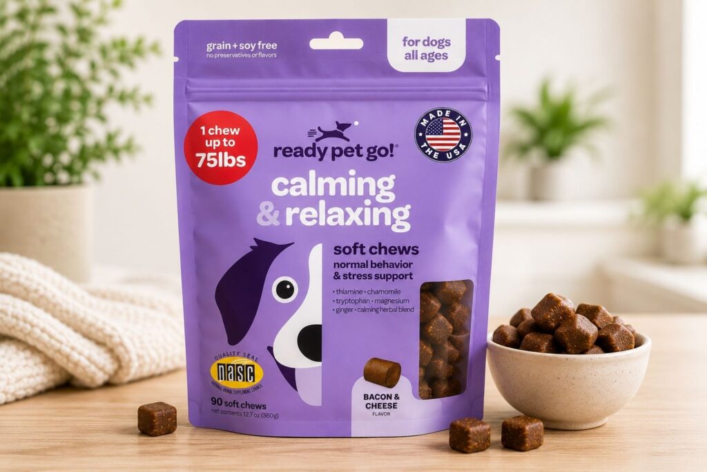 `Calming Chews for Dogs 90 count bag available on Amazon`