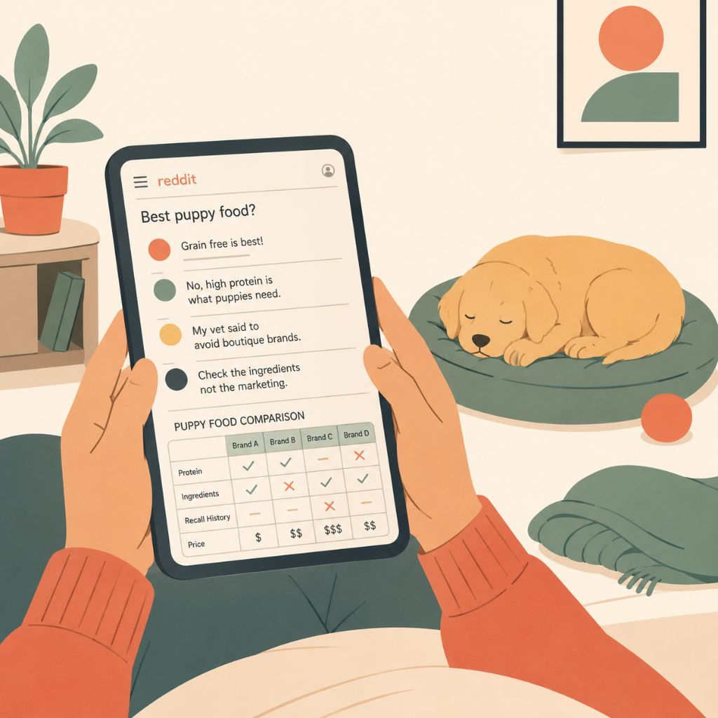 Conflicting dog food reviews and comparison chart on a phone screen