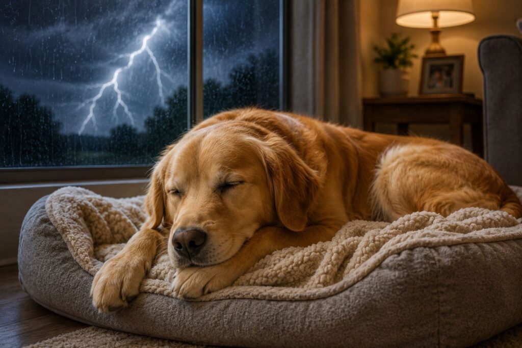 `Dog staying calm during a thunderstorm after taking calming chews`