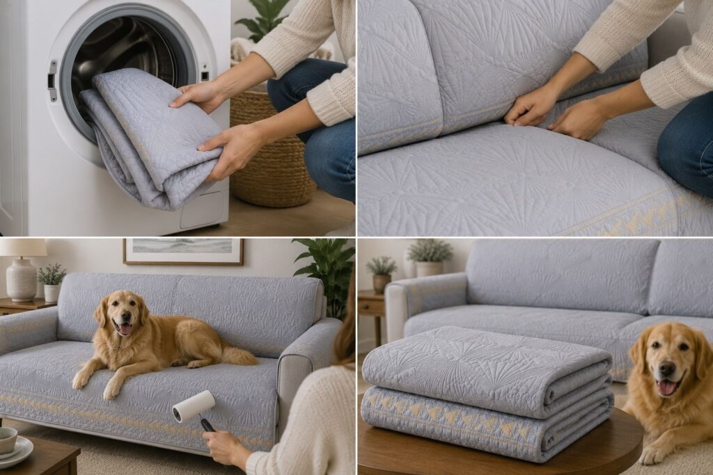 Dog owner caring for a Couch Cover for Dogs by washing, fitting, cleaning, and rotating the sofa protector