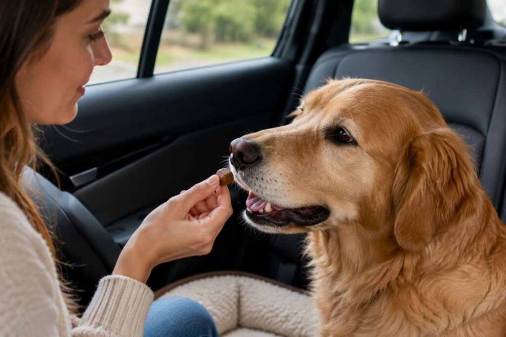 `Dog owner giving a calming chew to their dog before a car ride`