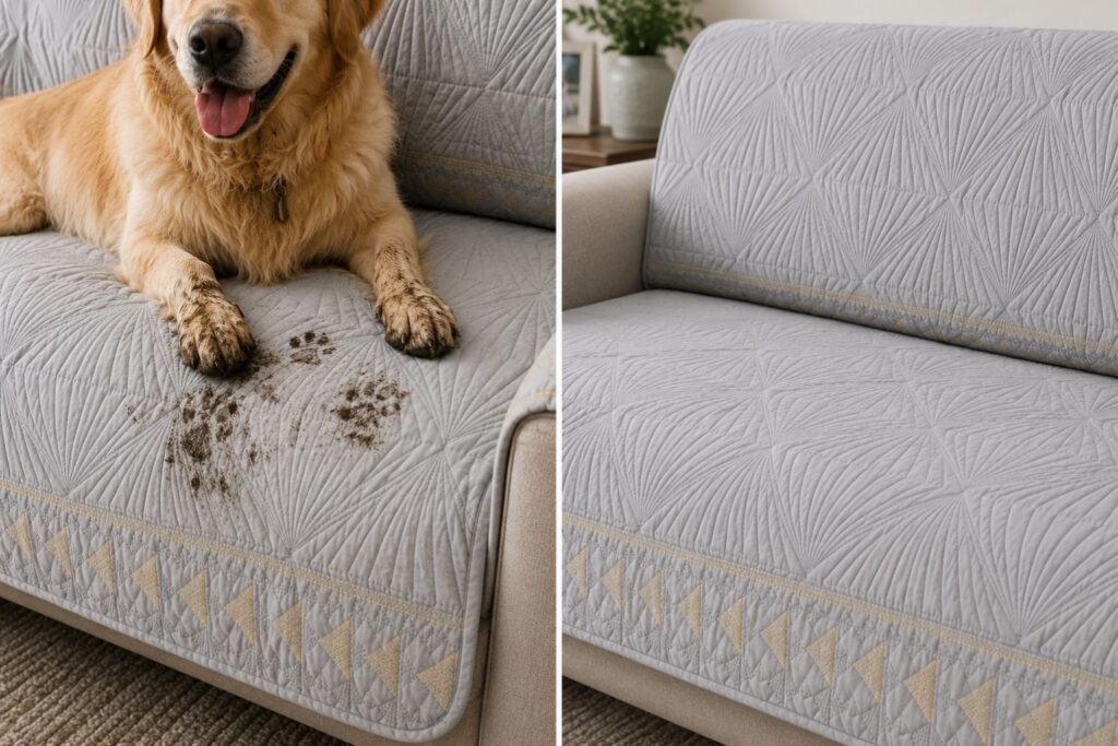 `Muddy dog paws on washable Couch Cover for Dogs protecting sofa`