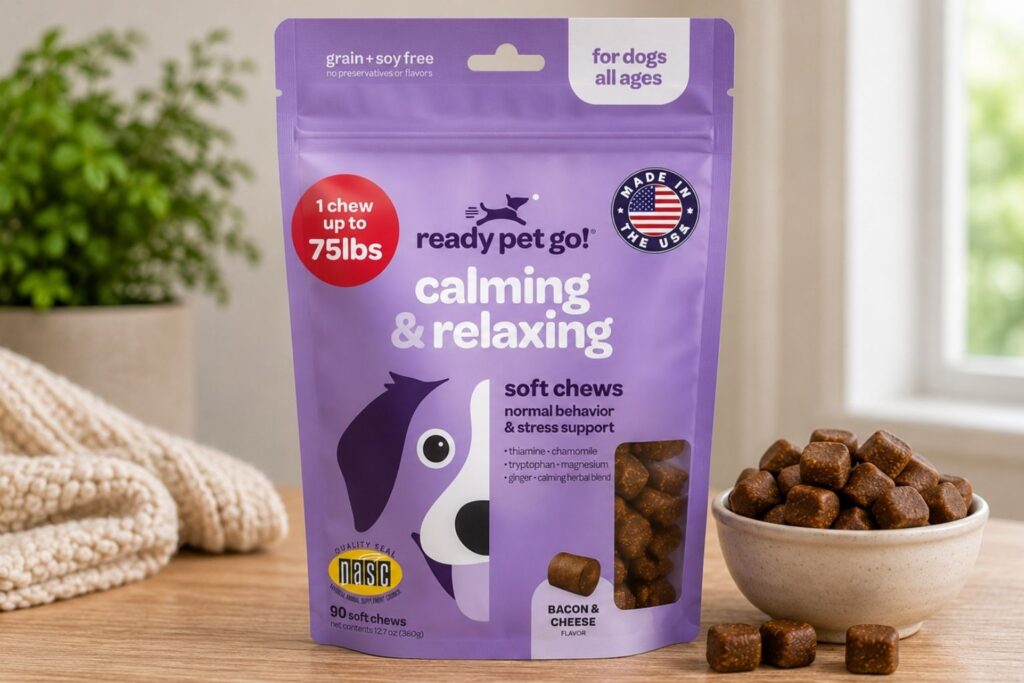`NASC certified Calming Chews for Dogs packaging, made in USA`