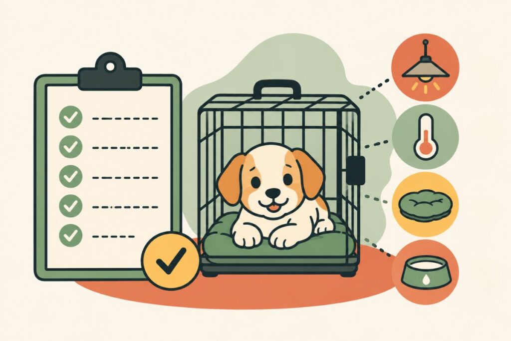 Flat vector illustration of a happy puppy in a crate beside a simple checklist and crate essentials, representing easy crate training checks before buying new equipment.