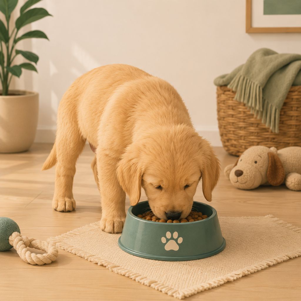 Puppy eating a properly portioned meal from his bowl