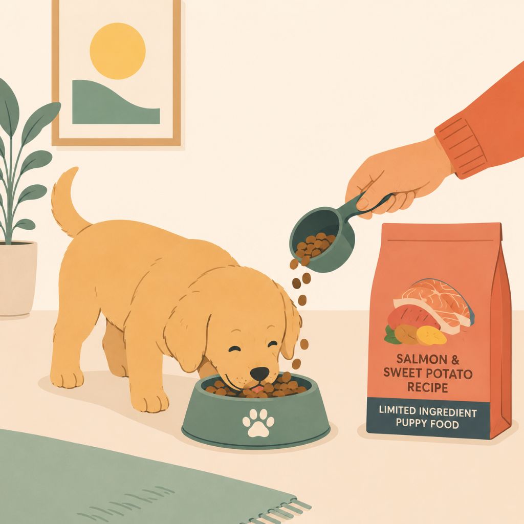Puppy eating salmon and sweet potato limited ingredient puppy food from a bowl