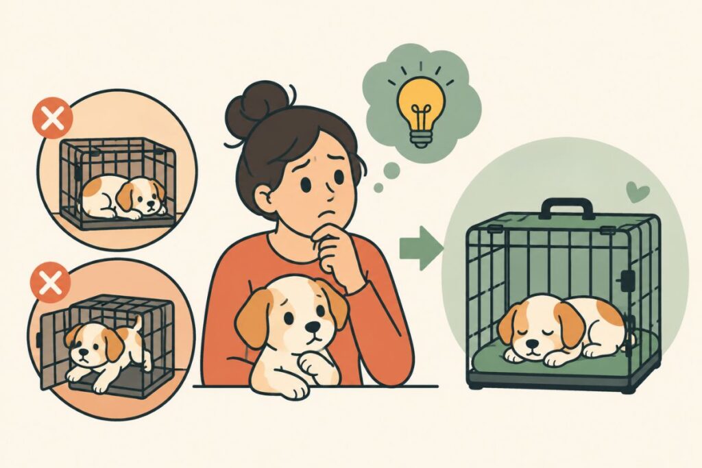 Flat illustration of a puppy owner comparing incorrect crate setups with a comfortable crate arrangement after learning the right approach.