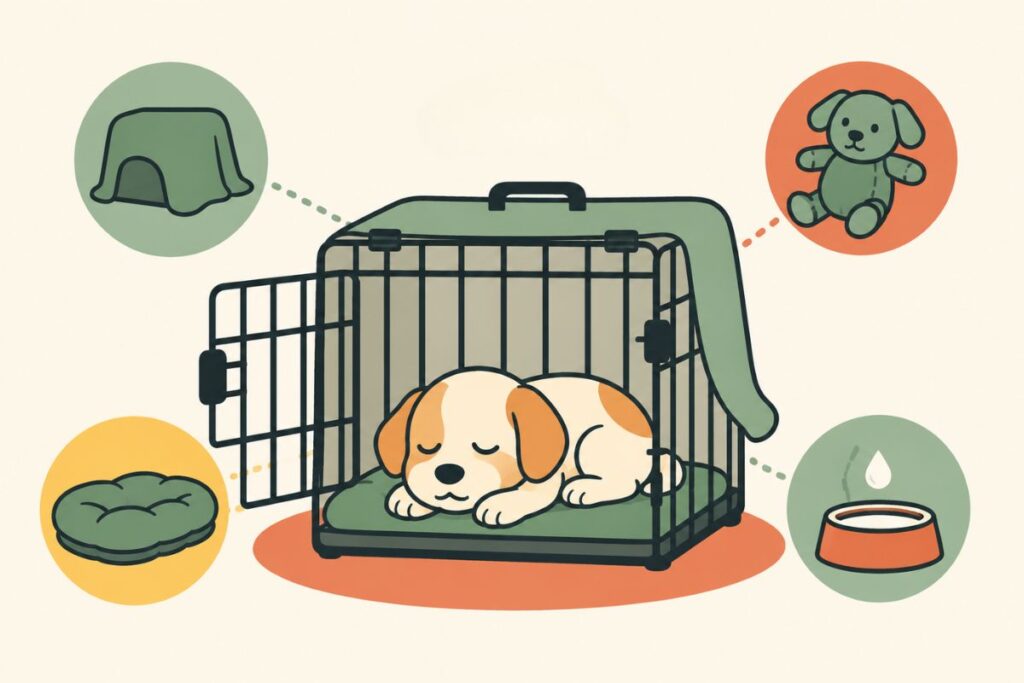 Flat vector illustration of a puppy resting comfortably in a crate with a soft bed, crate cover, toy, and water bowl, showing practical crate setup improvements.