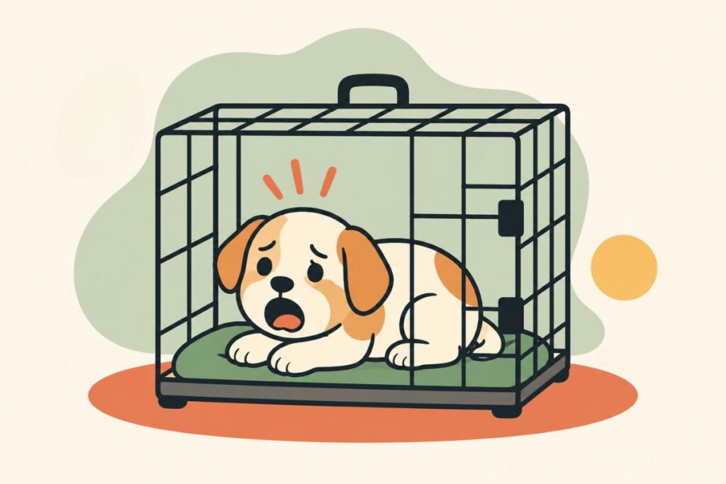 Flat illustration of a worried puppy inside a dog crate showing signs that an uncomfortable or poorly sized crate may be causing stress.
