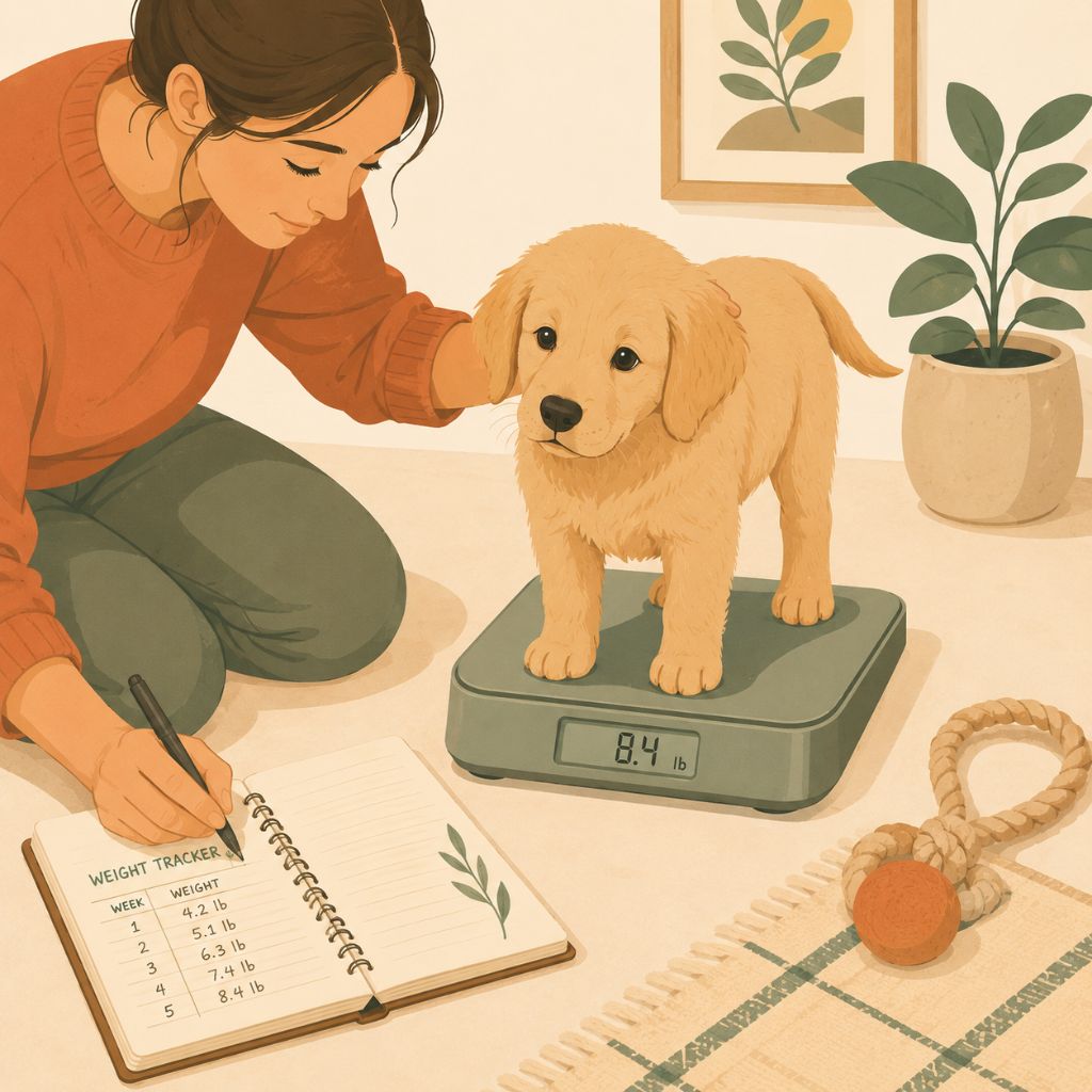 Weighing a growing puppy to track portion needs over time
