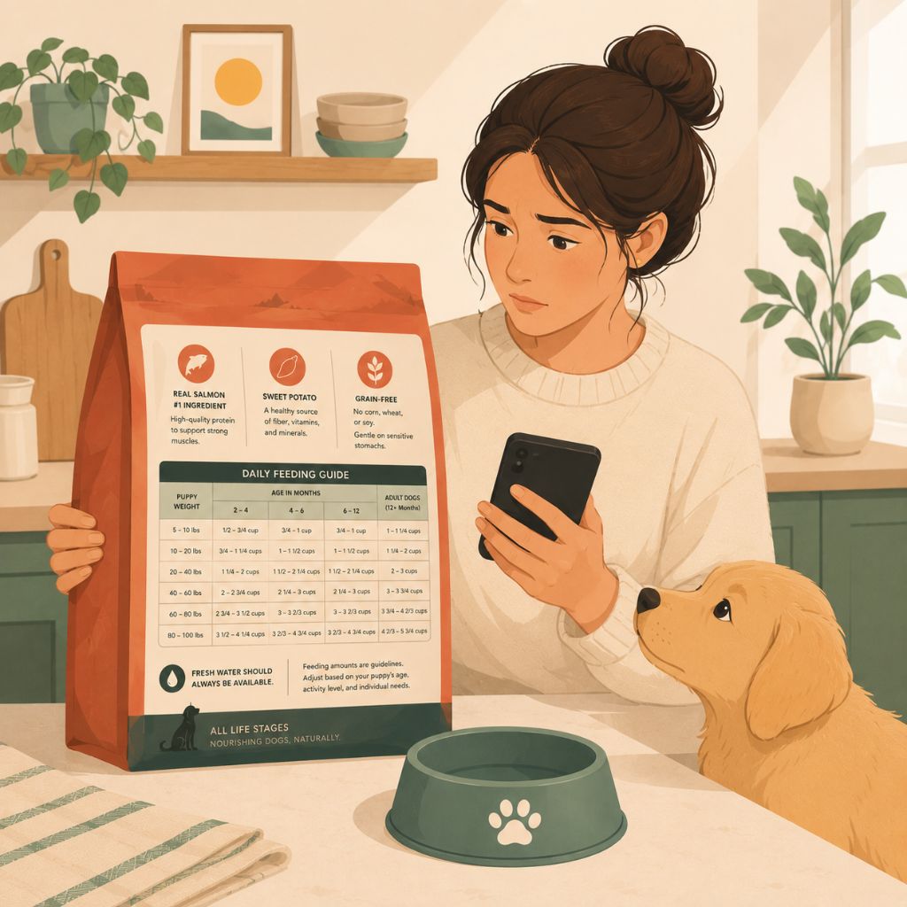 Puppy owner checking a feeding chart on a puppy food bag