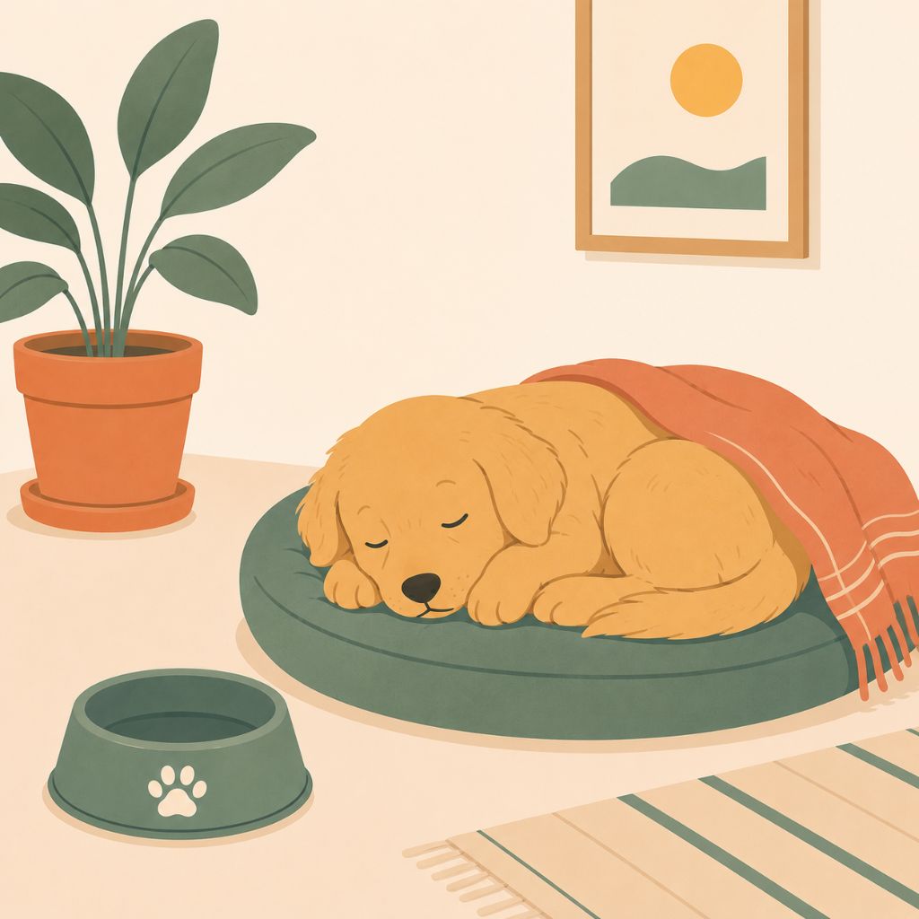 Content puppy asleep after mealtime, empty food bowl beside him