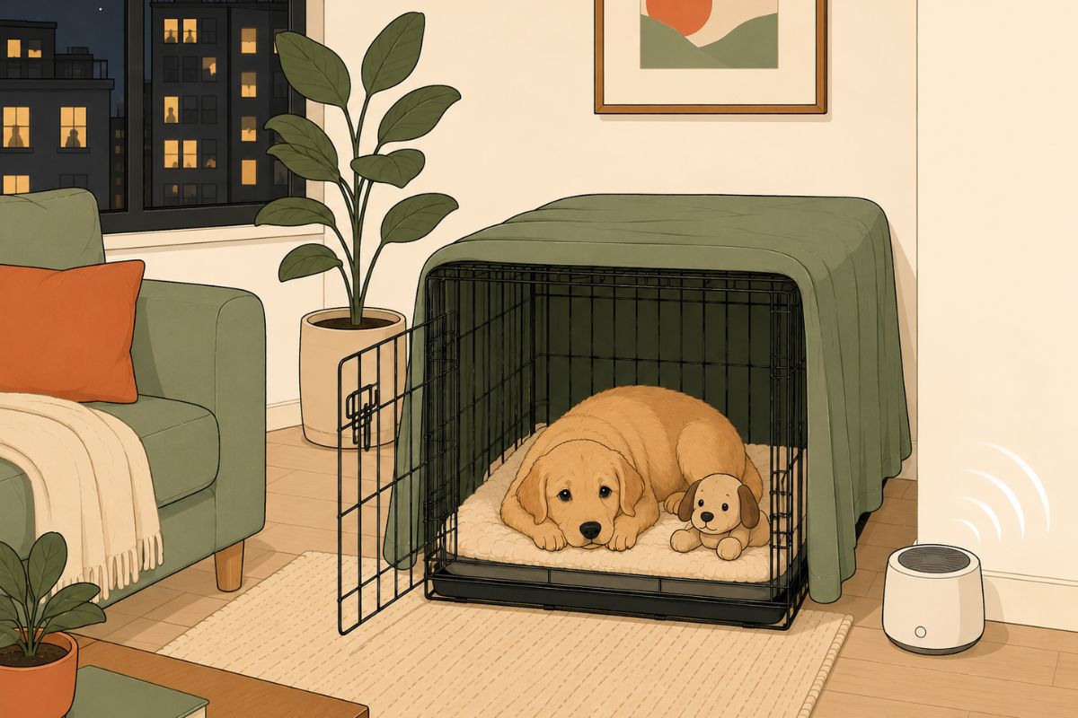 crate training puppy in apartment with thin walls