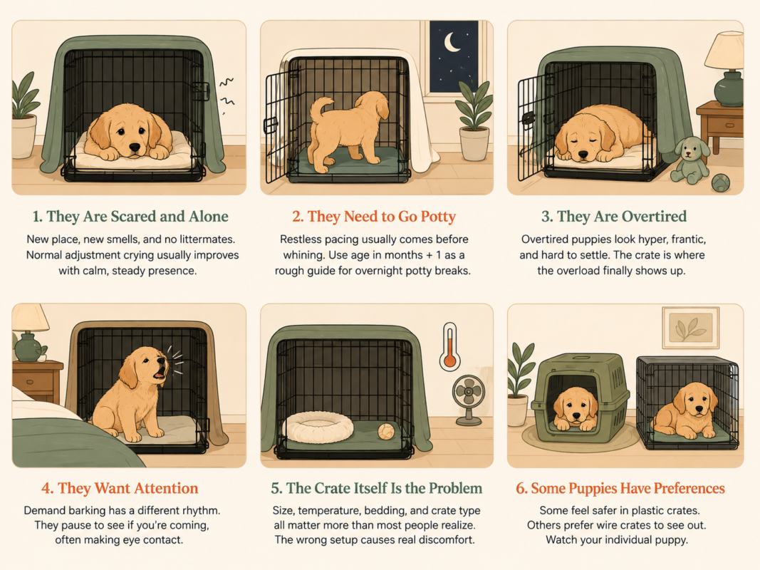 illustration showing the common reasons puppies cry in the crate at night including fear loneliness potty needs overtiredness attention seeking and crate setup problems
