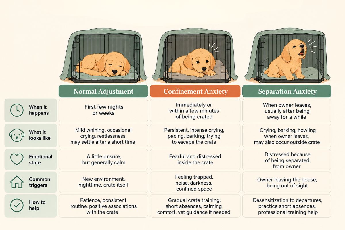 comparison chart of normal adjustment confinement anxiety and separation anxiety in puppies