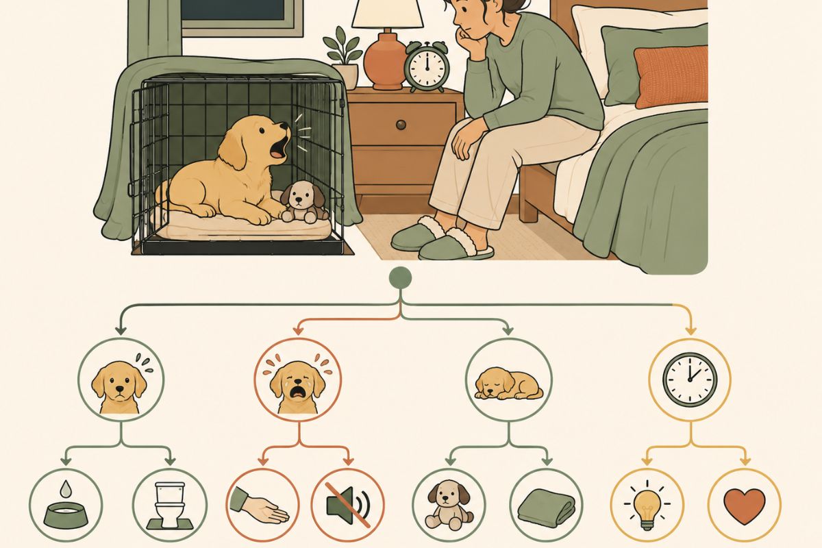 2am puppy crying in crate decision tree flowchart